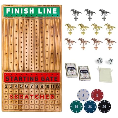 Medikaison Large 21 inches Horse Racing Board Game with 11 Luxury Metal Horses Thickened Wood Horse Race Game Board with 2 Sets of Dice,2 Boxes of Cards and 100 Poker Chips for Parties and Gambling Cover