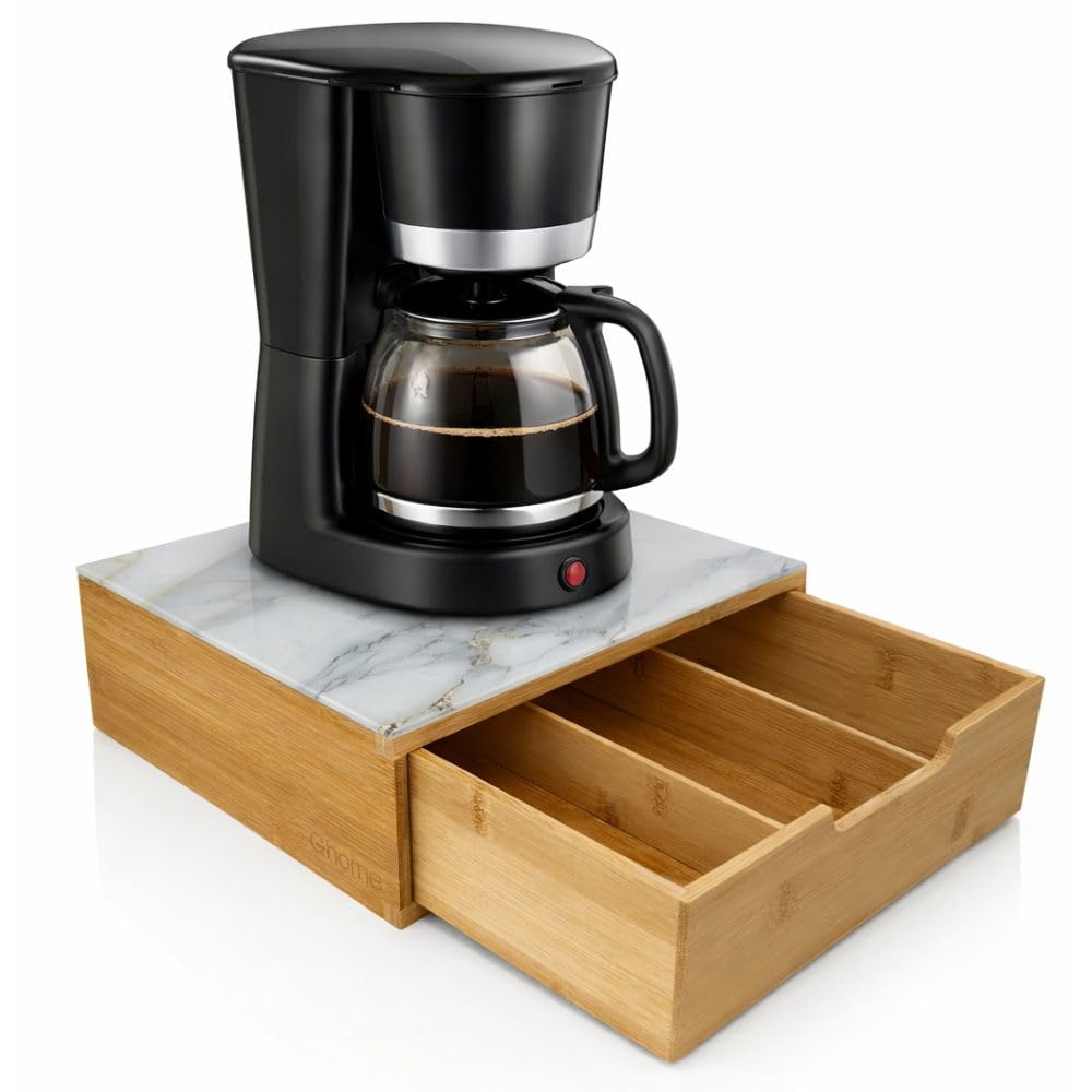 Porta Capsule Caffè con Cassetto in Bambù e Vetro Temperato Effetto Marmorizzato 30x30x10 cm - Supporto Macchina Caffè Salvaspazio