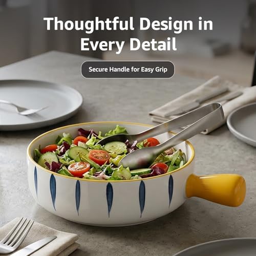 Image of Amazon Basics Ceramic Snack Bowl with Handle | White & Blue Serving Bowl with Yellow Handle | Microwave & Dishwasher Safe Big Bowl Perfect for Snacks, Noodles, Salads, Soup, Baking (700ml)