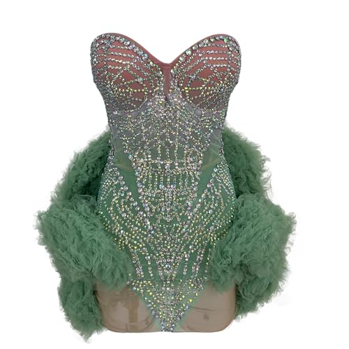 Women Rainbow Crystals Prom Dress Showgirl Party Sexy Strapless Tutu Dress Birthday Festival Spicy Girl Outfits(Green One Size)