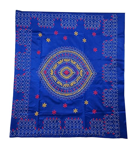 Image of SHRISTI CLOTHINGS Women's Hand Embroidered Cotton Silk Kantha Stitch Saree with Blouse Piece (J420824 BLUED74)