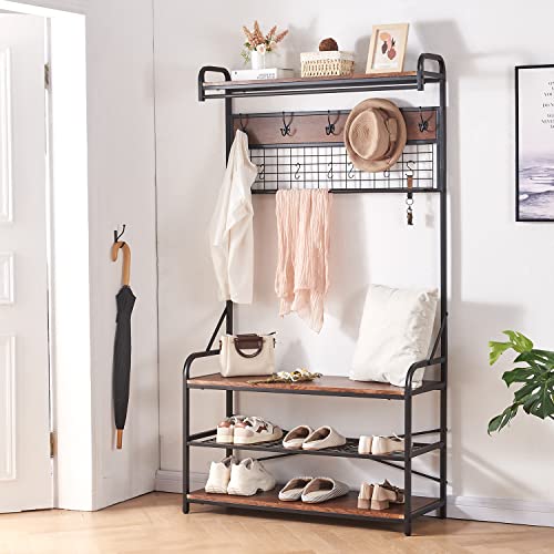 Homissue 5-In-1 Entryway Hall Tree With Shoe Bench, Coat Rack With 11 Hooks And 2 Hanging Rods, Grid Panel For Memo And Photo Display, Brown Finish #TOP1