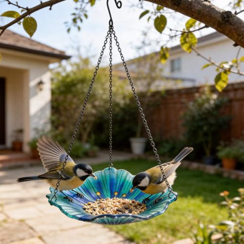 Image of HONGLAND Bird Baths for Outdoors, Glass Birdbaths Outdoor Birdfeeder with Metal Stake (Light Blue with Hanging)