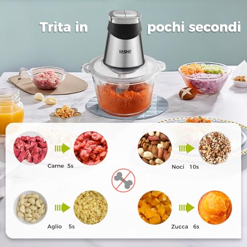 YASHE Tritatutto Elettrico 1,8L+2L, Robot da Cucina con Contenitori in Vetro e Acciaio Inox, Tritacarne 500W con 2 Velocità e 2 Set di Lame - immagine 6