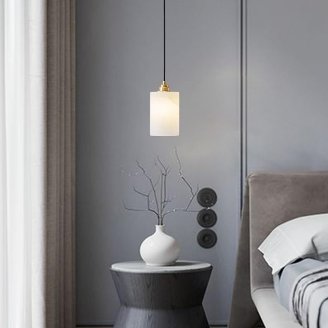 Natural Alabaster Modern Pendant Light White Marble Pendant Lights Kitchen Island Lighting Fixtures Cylinder Stone Shade Mini Contemporary Hanging Lamp