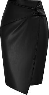 Women Faux Leather Pencil Skirt Wrap Knot Knee Length Casual Pencil Skirt Business Bodycon Skirt
