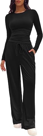 Womens 2-Piece Lounge Set - Long Sleeve Top and Wide-Leg Pants - Drawstring Waist Pajama Set, Pockets, for Lounging