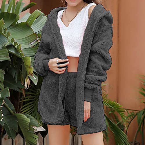 Narhbrg 3 Piece Pajamas For Womens Sexy Fuzzy Fleece Warm Hooded Cardigan Jacket And Crop Top Shorts Set Loungewear Outfits #TOP1