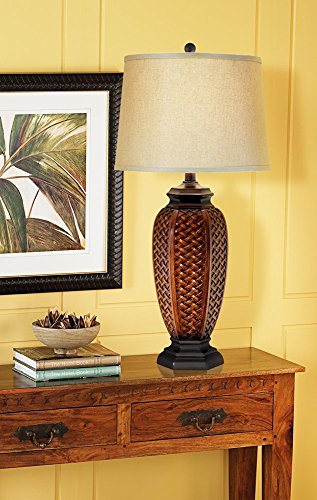 Regency Hill Country Cottage Tropical Style Table Lamp 29" Tall Brown Woven Wicker Pattern Beige Linen Drum Shade Decor For Living Room Bedroom House Home Dining Office Reading Entryway #TOP1