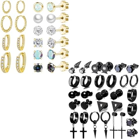 25 Pairs Earrings for Men Black & Gold Stainless Steel Earrings Stud Kit for Men Women Fashion Piercing Jewelry Cross Dangle Hoop Earrings Set Cover