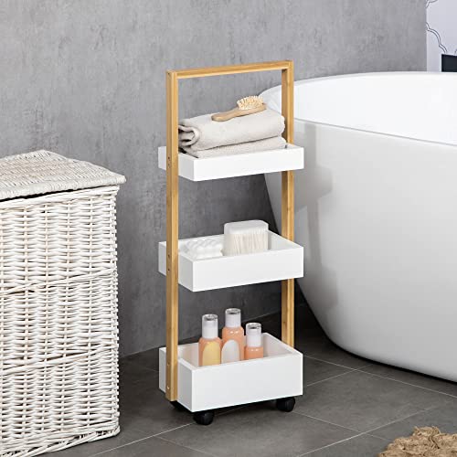 HOMCOM Carrito de Almacenamiento de Bambú Carrito Auxiliar con Ruedas Carrito de Cocina con 3 Cestas y Asa para Salón Baño 28x18x75 cm Blanco y Natural - imagen 2