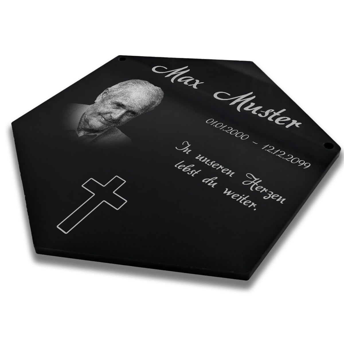 Personalisierter Sechseck Grabschmuck mit Foto Gravur - Acrylglas Schwarz Hochglanz 260 x 300 mm - wetterfest und wasserfest für Draußen und Innen, für Opa, Oma, Mama, Papa und Verstorbene