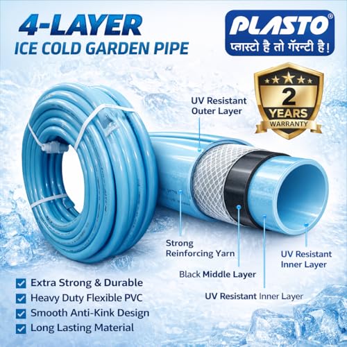 Image of PLASTO Ice Cold Garden Pipe 4 Layer Heavy Duty PVC Water Hose Pipe (3 /4 Inch | 30 Meter / 100 Feet) Flexible Anti-Kink Garden Hose for Gardening, Car Washing & Terrace Cleaning | 2 Year Warranty