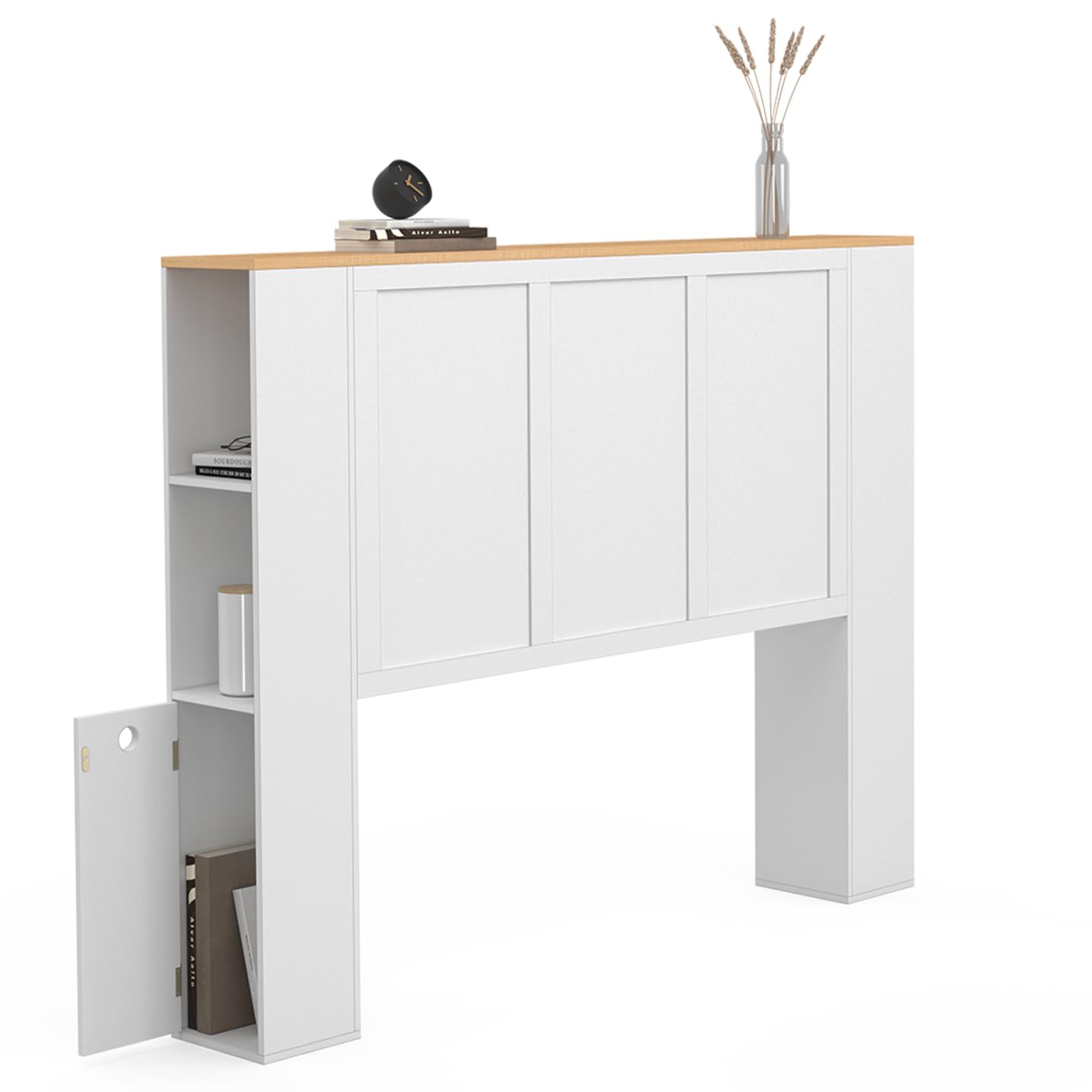 IDMarket VITO - Cabecero de cama con pie de 145 cm con almacenamiento blanco y bandeja de madera