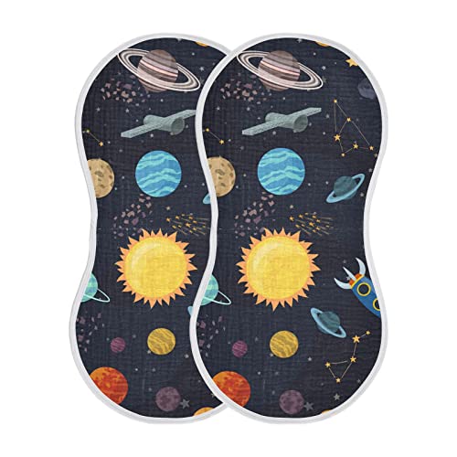 Image of Kigai Carton Space Spaceships Muslin Baby Burp Cloths, Large Absorbent Cotton Muslin Burp Cloths Set of 4, Washcloths, Face Towel, Bibs for Newborn Boys Girls, 11 x22 Inch