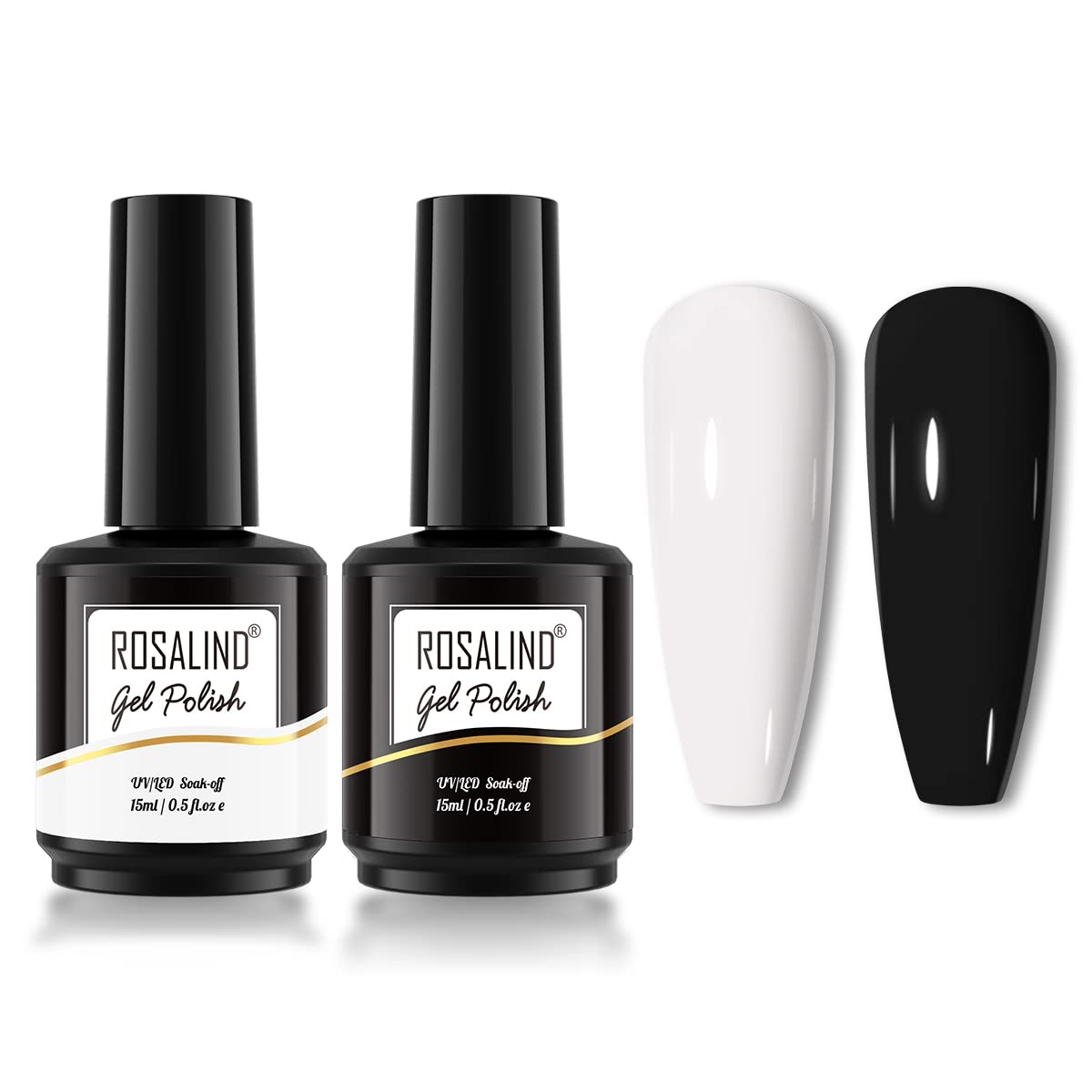 ROSALIND White Black Gel Polish Set 2PCS 15ML Black White Colors, White Gel Nail Polish Soak off Black Nail Gel Polish, White Black Gel Nail Polish All Season Pure Gel Polish Black White Gel Manicure