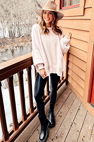 Lillusory Womens Oversized Pullover Tunic Sweaters Trendy 2022 Fall Crewneck Batwing Ribbed Knit Side Slit Top White #TOP2