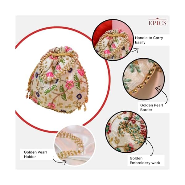 Epics Present Embroidery return gift for womens, bridal potli bag for ladies for guest, potli batwa purse pouch for gifiting Traditional Embellished (Pack of 2, Mix Flower) - Image 5