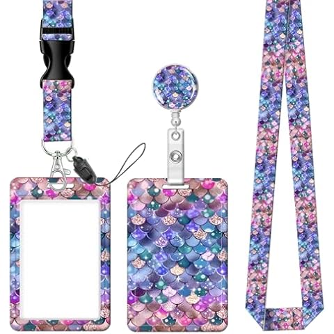 Badge Reels Retractable with Carabiner Reel Clip, ID Name Tag Work Badge Holder Belt Ferrule, Identity ID Badge Holder Cover Case for Office Work Nurse Teacher Student Gifts(Colorful Fish Scale) Cover