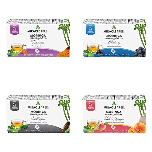 Miracle Tree - Té orgánico de Moringa Superalimento, paquete de 4, 4 x 25 bolsas de té selladas individualmente (cúrcuma, arándano, gris Earl,