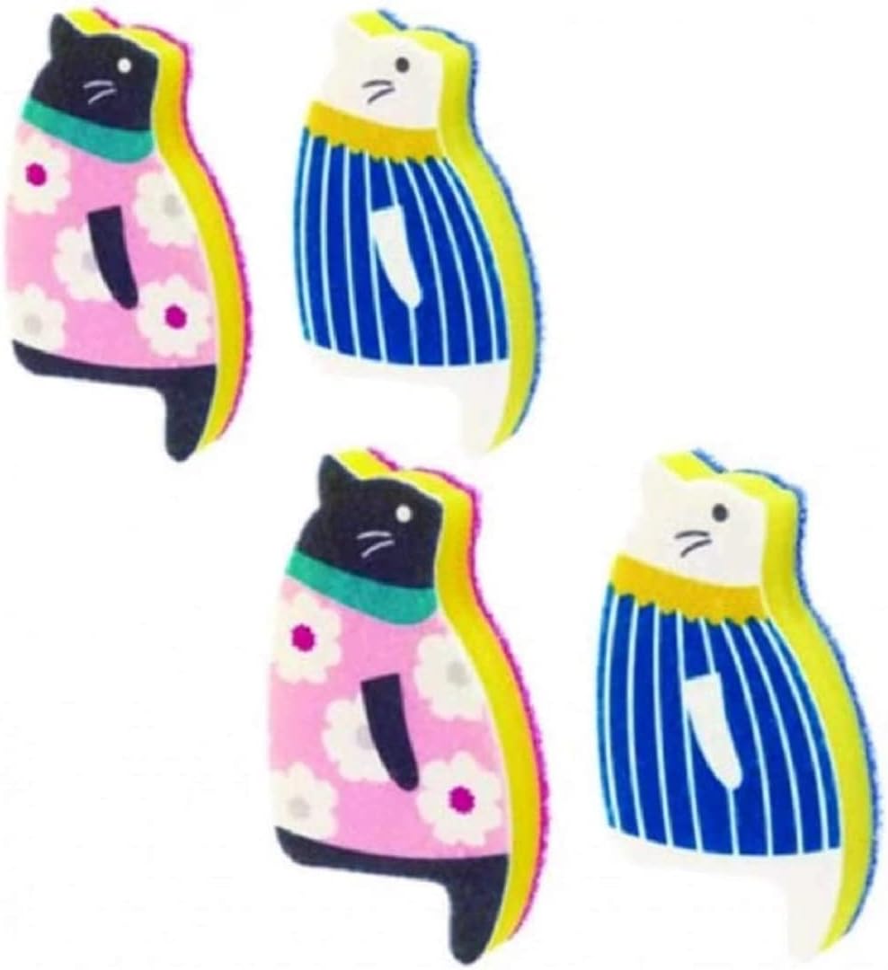 Sink Cat Dish Sponge Scrubber for Washing Dishes Dishwashing Cloth Scrubber Pack of 4 (BluePink Set)