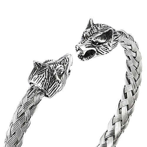 Coolsteelandbeyond Mens Wolf Head Bracelet Steel Braided Cable Bangle Cuff Bracelet Silver Color Polished, Adjustable #TOP1
