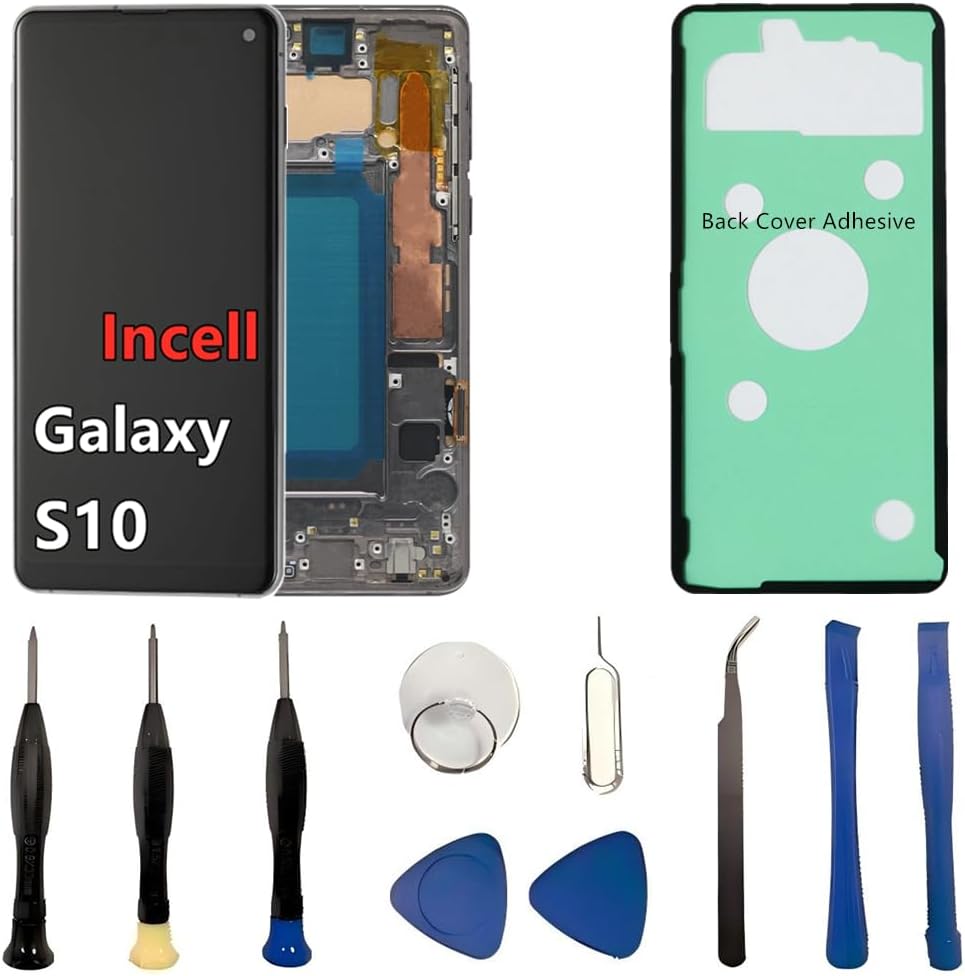 INCELL for Samsung Galaxy S10 Screen Replacement S10 LCD Display SM-G973U SM-G973U1 Display Touch Screen Assembly No Fingerprint. (with Silver Frame+Back Cover Adhesive+Tools)