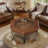 DS-HOMEPORT Retro Hexagon Wood Coffee Table with Glass Top, 2 Tier Mid-Century Vintage Coffee Table with Drawer ＆ Metal Leg for Living Room (40x40x19 in)