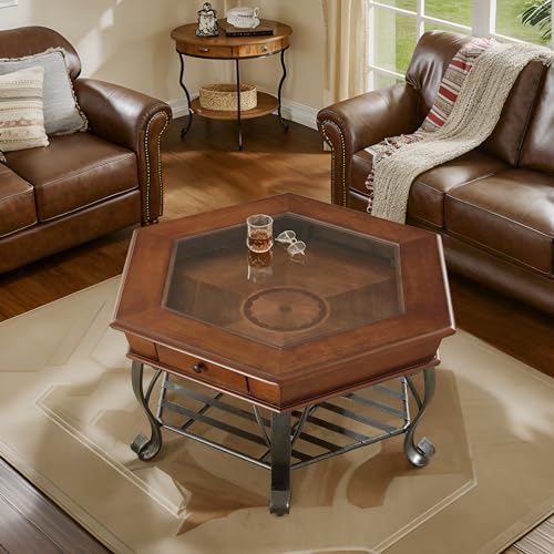DS-HOMEPORT Retro Hexagon Wood Coffee Table with Glass Top, 2 Tier Mid-Century Vintage Coffee Table with Drawer & Metal Leg for Living Room (40x40x19 in)