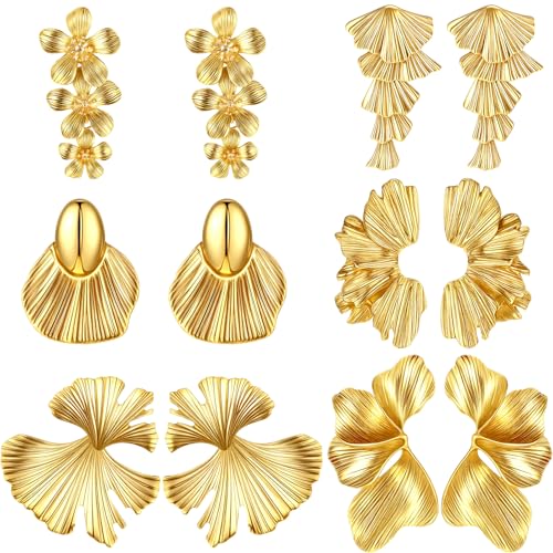 6 Pairs Chunky Gold Statement Earrings Set for Women Gold Geometric Hoop Dangle Earrings Knot Flower Stud Drop Trendy Gift