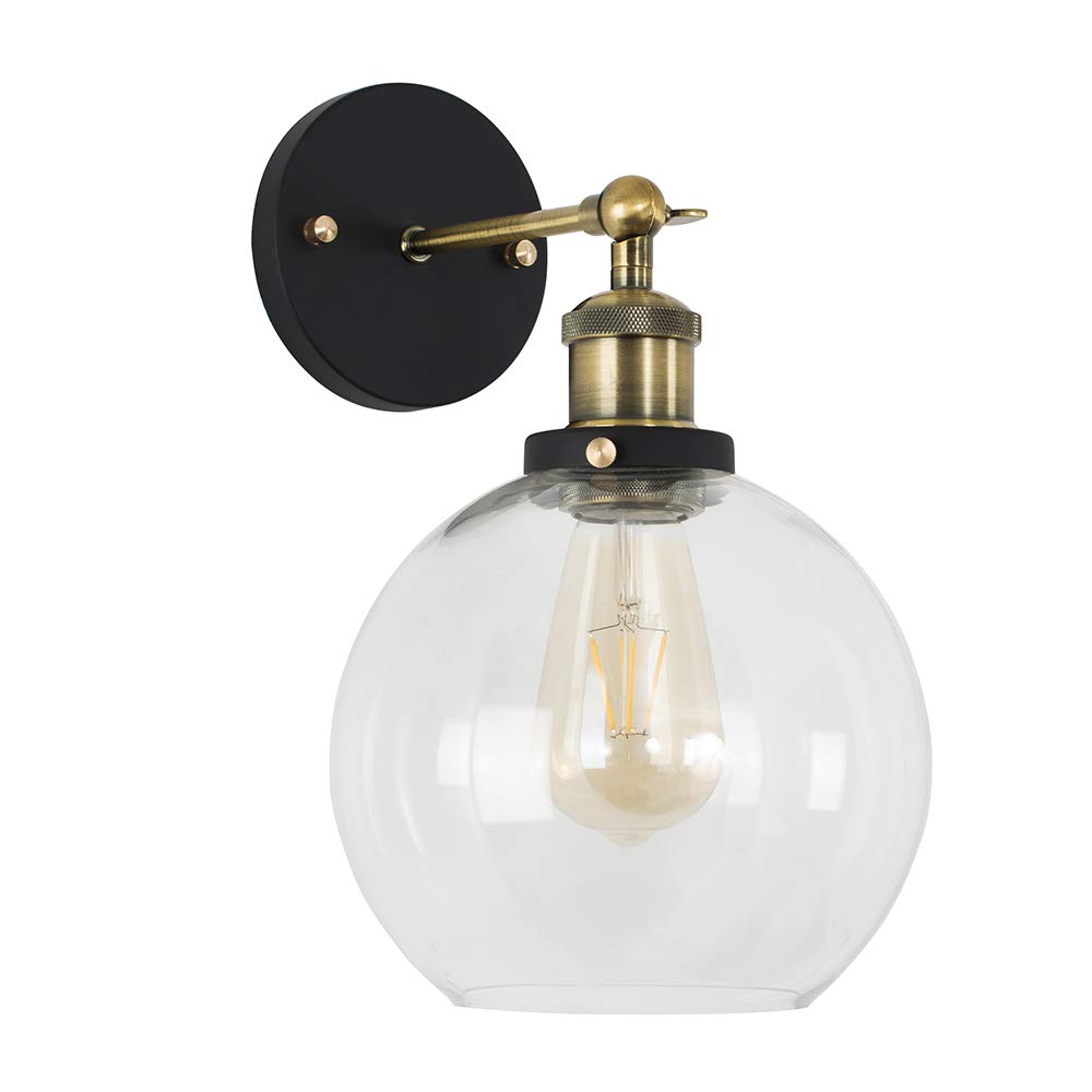 MiniSun | Industrial Steampunk Style Black and Gold Wall Light Fittings with Clear Glass Globe Shade | Wall Lamps, Home Décor Essential | Pair of 2 | Includes Bulb [2700K Warm White] | Mains Wired