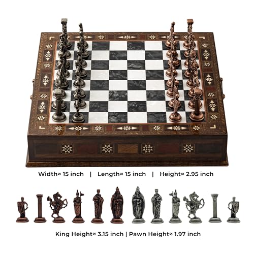 Set de ajedrez de madera hecho a mano de 15'' con piezas de metal miniatura 3