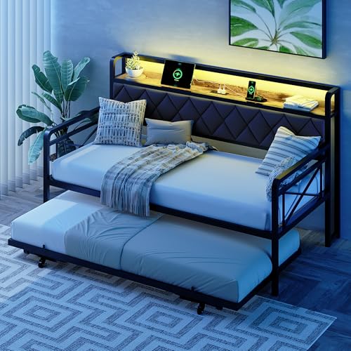 VINGLI Twin Daybed with Pop-up Trundle Bed, Day Bed with LED Light & Charing Station, Upholstered...