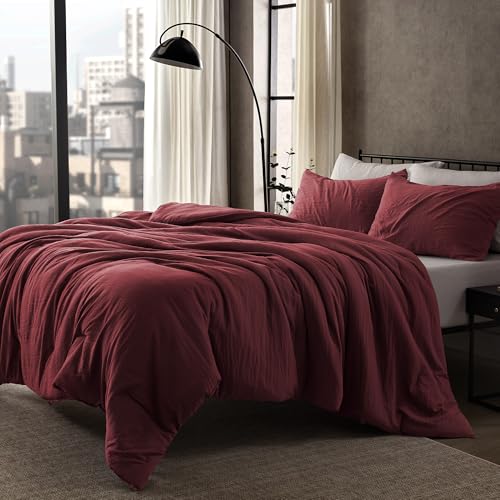 SLEEP ZONE Queen Comforter Set Duvet Insert with Natural Wrinkle Texture Cotton-Linen Feel Lightweight and Breathable Fluffy Bedding Sets with 1 Comforter and 2 Pillow Shams (Burgundy)
