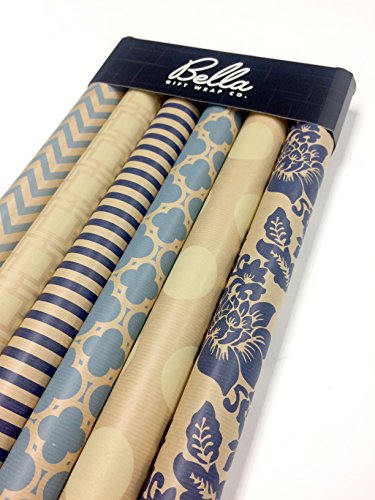 Note Card Cafe Bella Kraft All Occasion Wrapping Paper | 18 Pack | 30 x 120 inch Rolls | Blue, Cream | for Birthdays, Weddings, Showers, Gifts, Holidays, Christmas | Recyclable, Biodegradable