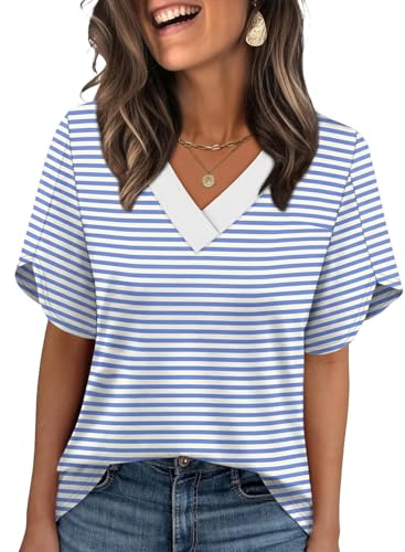 Image of WIHOLL Womens Summer Tops Short Petal Sleeve Shirts Fashion V Neck Womens Clothing
