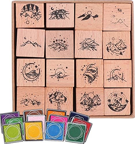 Relaehih 16cs Wood Rubber Stamps & 12pcs Craft Ink Pad Stamps Set for Art, Craft, Card Making, DIY, Stationery, Scrapbook, Diary, Letter, Birthday Cards, Thank You Cards Decoration (Mountain & Stream)