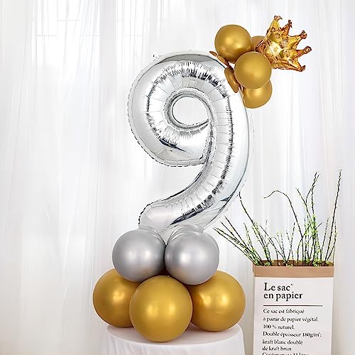 Image of 40 Inch Silver Number Balloons, Helium Mylar Foil Number Balloons for Birthdays, Number 9 Balloon for Party Wedding Bachelorette Birthday Bridal Shower Graduation Anniversary Celebration Party Decorations Supplies
