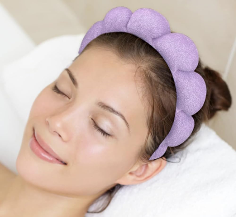 Purple Headband for Washing Face Makeup, Bubble Skincare. Terry Cloth Soft Puffy for Women Makeup Removal Shower, Facial Mask - Image 2