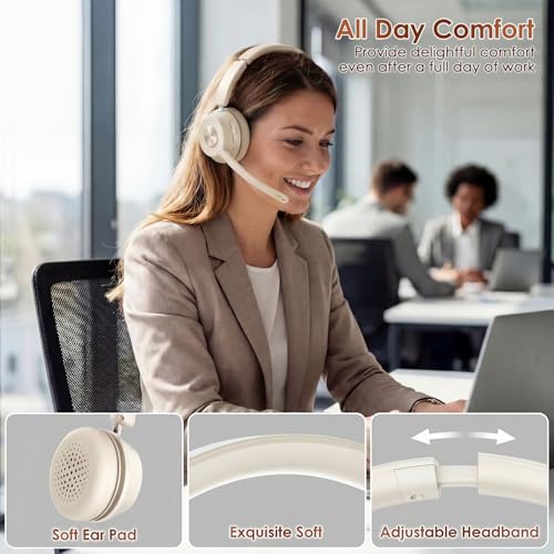 Image of Soothielec Wireless Headset, Bluetooth Headset with Noise Cancelling Microphone, Best Headphones with Mic Mute & USB Dongle for PC /Computer /Laptop /Cell Phones /Remote Work /Call Center (Beige)
