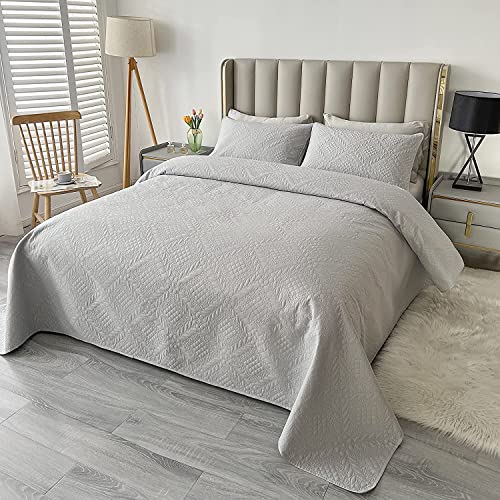 Hounest Couvre-lit gris clair King Size 3 pièces en polyester léger à motif floral avec technologie de matelassage à ultrasons et taies d'oreiller 240 x 260 cm Cover