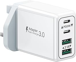 USB C Plug, 40W 4-Port Fast Charger Plug UK Dual Port PD Power Adapter +QC Multi Mains Wall Charger Type C Charging Plug for iPhone 16 15 14 13 12 11 Pro Max Plus XS XR SE,Samsung, iPad, AirPods