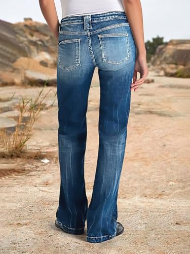 Flamingals Women Vintage Wash Patch Pocket Double Button Mid Rise Straight Leg Jeans Comfort Stretch Denim Classic Jeans3