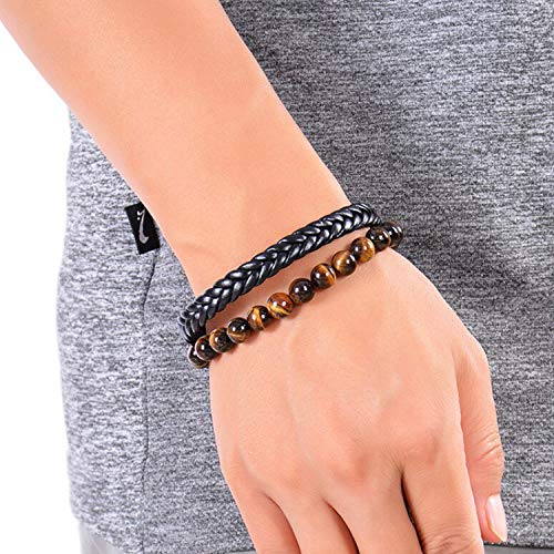 Image of Young & Forever Men's Genuine Braided Leather and Titanium Steel Bracelet | Bold Punk Tiger Eye Bead & Multi-Strand Wrist Bands | Vintage Nautical Clasp & Animal Head Hook Hook Kada Style Options