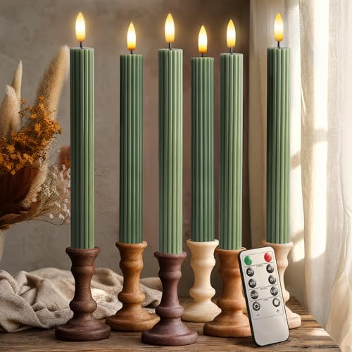 West Ivory 6 Pack 10 LED Flameless Real Wax Sage Olive Loden Green Fluted Ribbed Grooved Taper Candles Remote & 24h Timer Memory On/Off Button Dimmable Flicker Mode Battery Operated Wedding