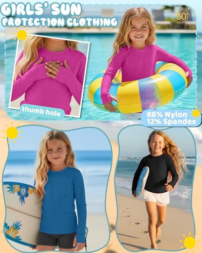 Image of 3 Pack Girls Rash Guard Swim Shirts 5-14Y UV Sun Protection Long Sleeve Thumb Hole Quick Dry T-Shirts UPF 50+ Tees