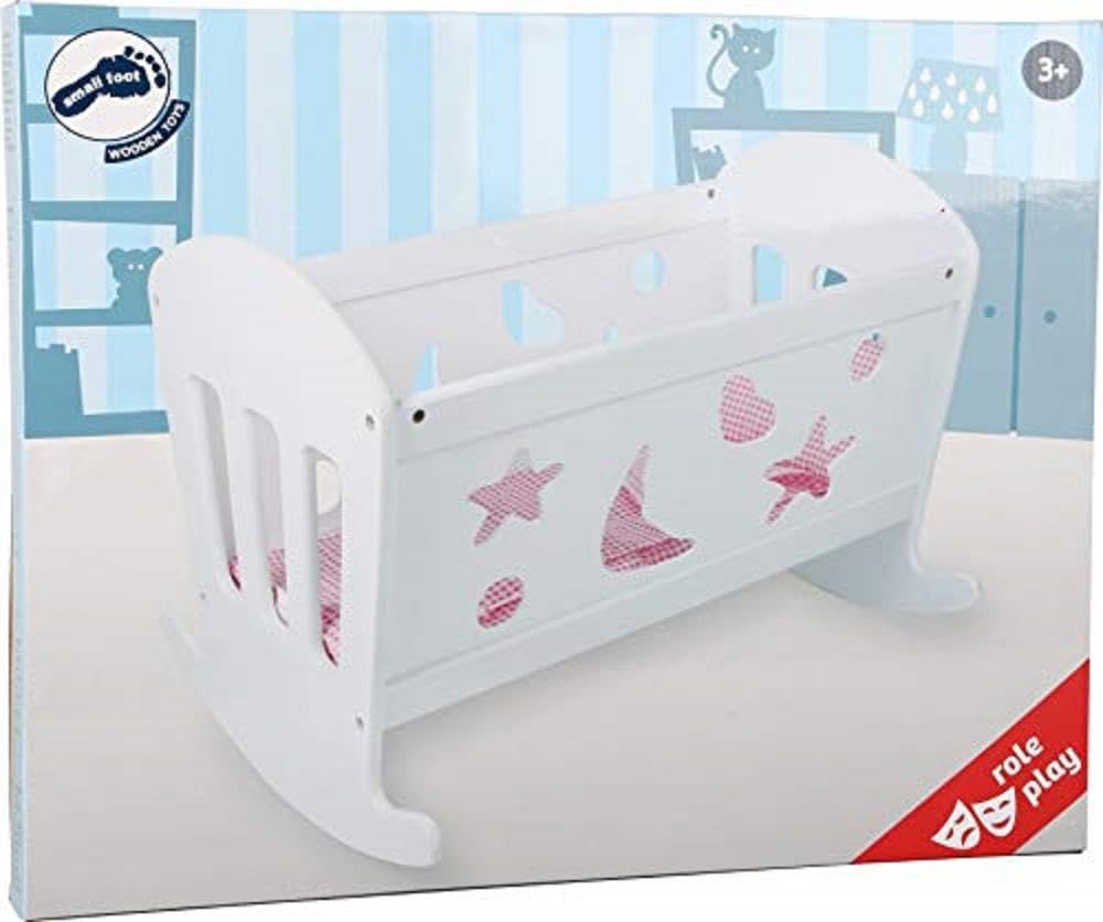 Small Foor 2852 berceau de poupée rêve en bois, avec couverture, oreiller et matelas, à partir de 3 ans, Blanc/Rose