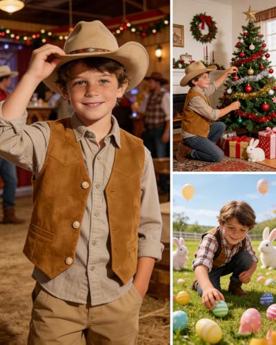 Image of Retro Boys Western Cowboy Vest for Kids Leather Suede Waistcoat | vintage dress vests, welt pockets, v-neck, adjustable waist, formal slim fit, wedding outfit, farm christmas birthday prom
