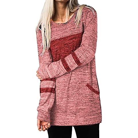 Voopptaw Women Long Sleeve Sweatshirt Striped Color Block Cotton Jumpers Crewneck Long Shirt Wear with Leggings Pink L Cover