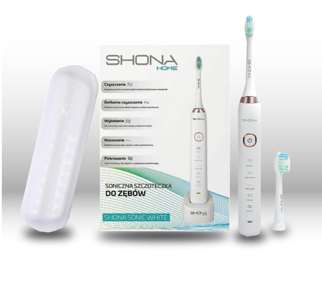 Shona White, Spazzolino Elettrico Sonico, Ricaricabile, 5 Modalità di Spazzolamento, 1 Custodia da Viaggio
